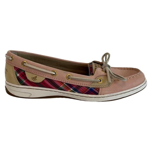 Sperry TopSider Pink Blue Plaid Tartan Angelfish Slip On Boat Shoes Size 8.5 - Picture 1 of 6